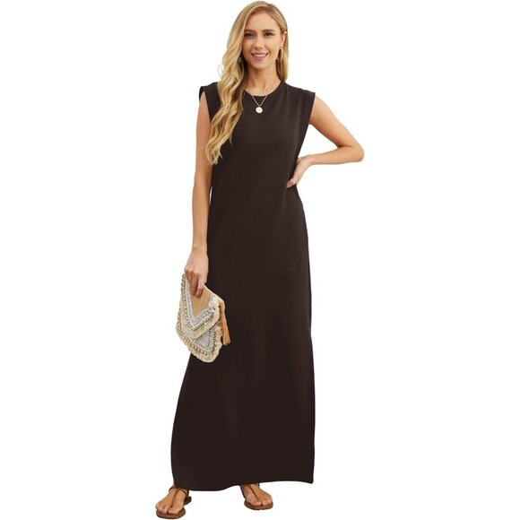 Grecerelle Women Dark Coffee Round Neck Loose Split Wrinkle-Free Long Maxi Dress - Picture 4 of 6